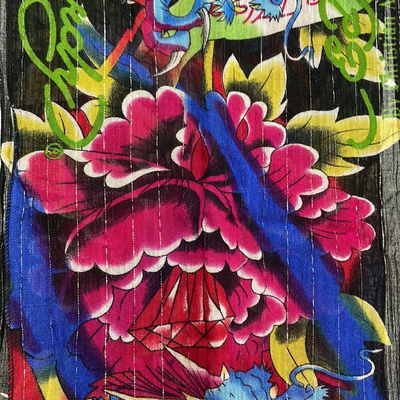 ED HARDY by Christian Audigier Cotton Scarf dragons floral gemstone - Picture 6 of 16